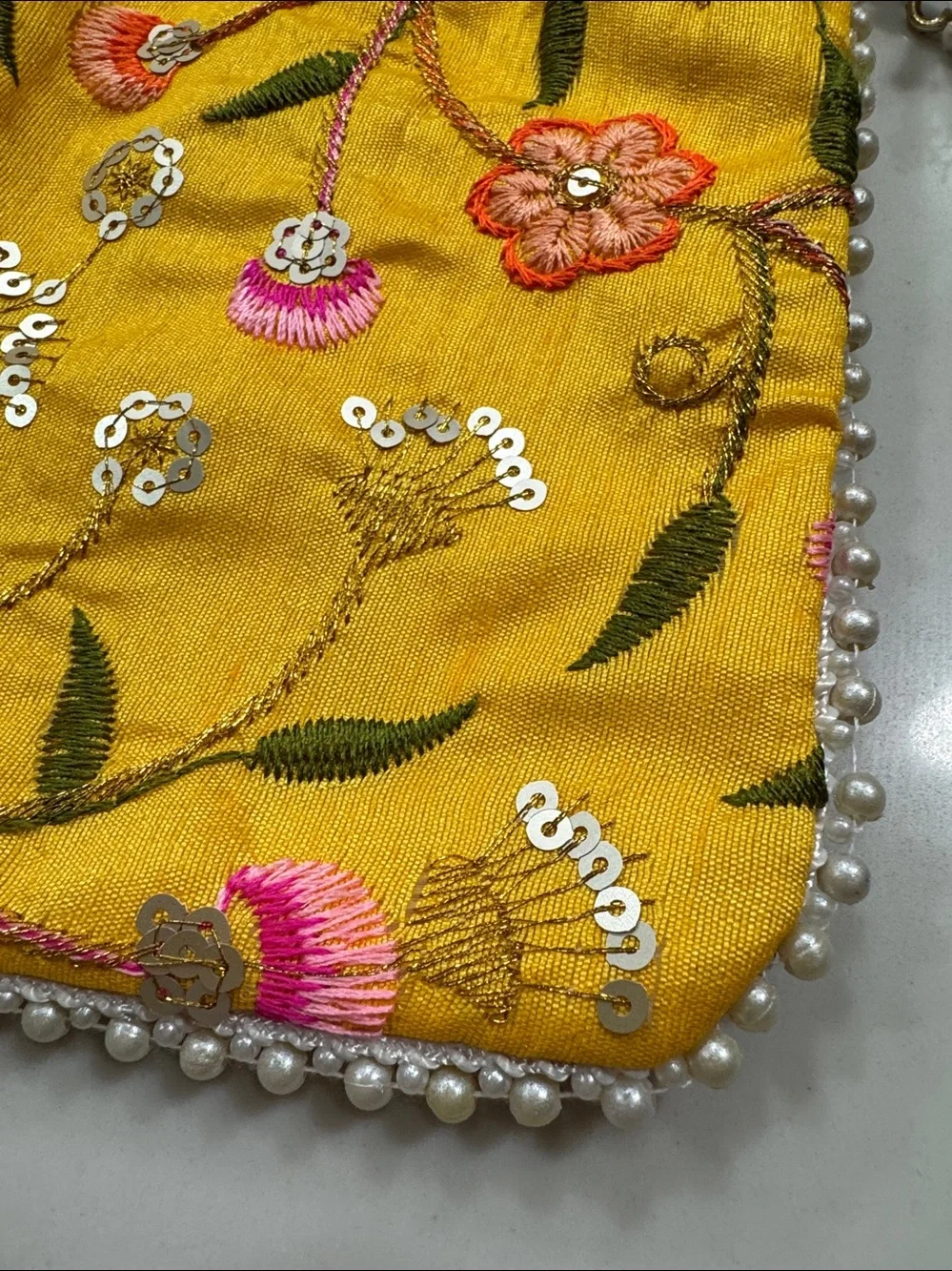 Yellow Floral Embroidered Indian potli Bag